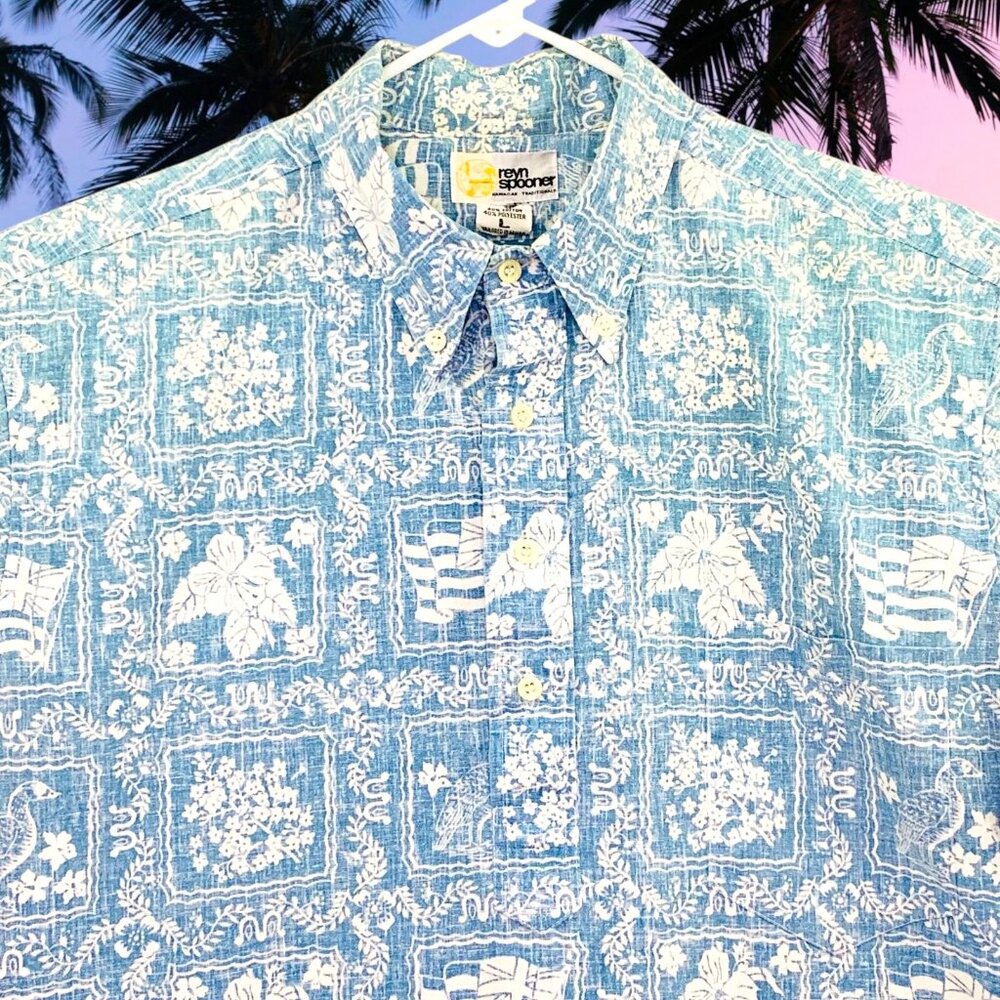 Reyn Spooner Lahaina Sailor Blue Hawaiian Reverse Print Popover Shirt Mens Large
